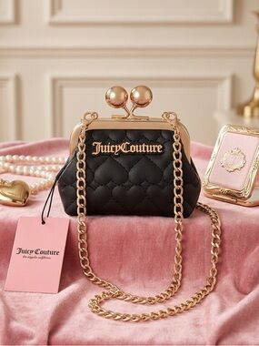 Juicy Couture Black Quilted Mini Kiss-Lock Crossbody with Gold Chain
